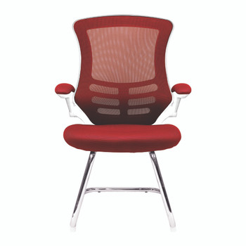 Luna Designer High Back Mesh Cantilever Visitor Chair with Folding Arms - Red with White Shell and Chrome Frame