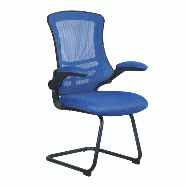Luna Designer High Back Mesh Cantilever Visitor Chair with Folding Arms - Blue with Black Shell and Frame 
