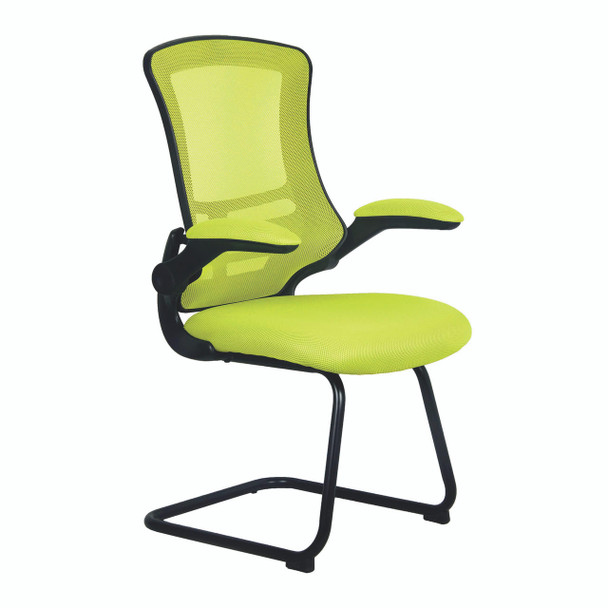 Luna Designer High Back Mesh Cantilever Visitor Chair with Folding Arms - Green with Black Shell and Frame 