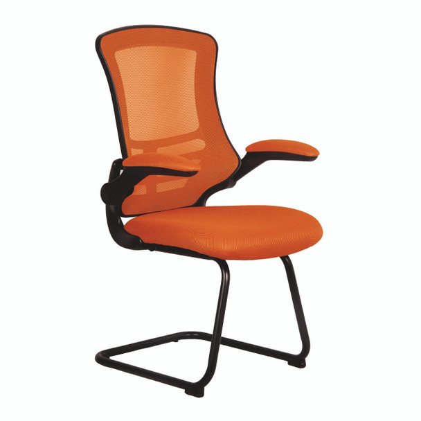 Luna Designer High Back Mesh Cantilever Visitor Chair with Folding Arms - Orange with Black Shell and Frame 