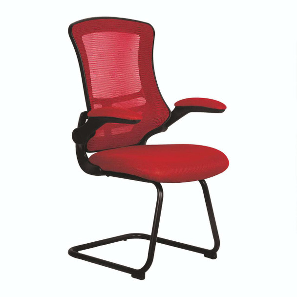 Luna Designer High Back Mesh Cantilever Visitor Chair with Folding Arms - Red with Black Shell and Frame NAU-BCM-L1302V-RD