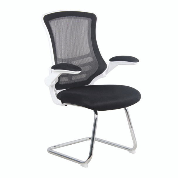 Luna Designer High Back Mesh Cantilever Visitor Chair with Folding Arms - Black with White Shell and Chrome Frame 