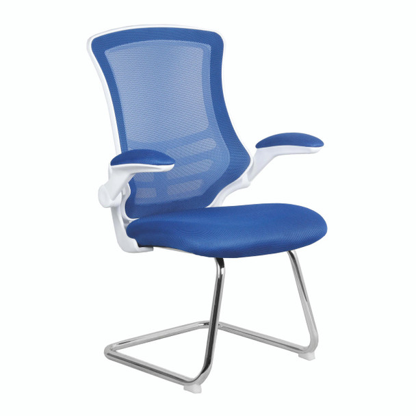 Luna Designer High Back Mesh Cantilever Visitor Chair with Folding Arms - Blue with White Shell and Chrome Frame 
