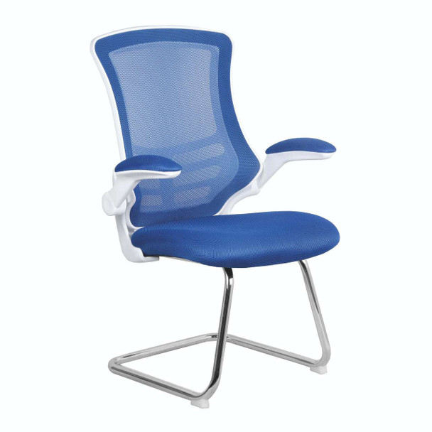 Luna Designer High Back Mesh Cantilever Visitor Chair with Folding Arms - Blue with White Shell and Chrome Frame NAU-BCM-L1302V-WHBL