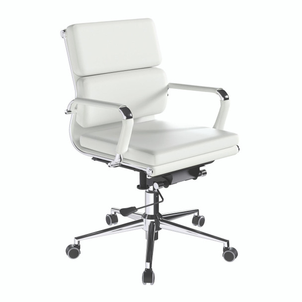 Avanti Bonded Leather Medium Back Swivel Executive Office Chair with Individual Back Cushions - White with Chrome Arms and Base 