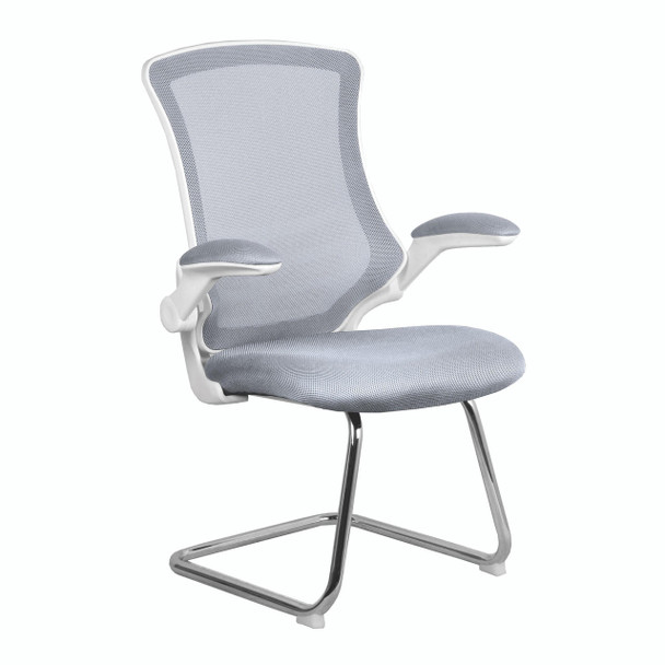 Luna Designer High Back Mesh Cantilever Visitor Chair with Folding Arms - Grey with White Shell and Chrome Frame 