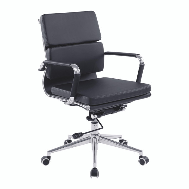 Avanti Bonded Leather Medium Back Swivel Executive Office Chair with Individual Back Cushions - Black with Chrome Arms and Base 