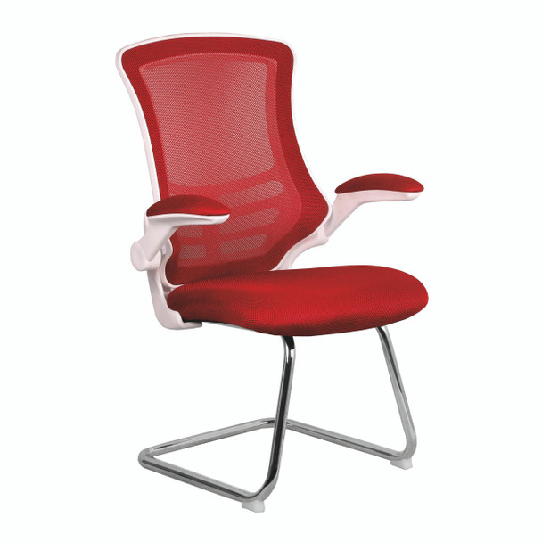 Luna Designer High Back Mesh Cantilever Visitor Chair with Folding Arms - Red with White Shell and Chrome Frame 