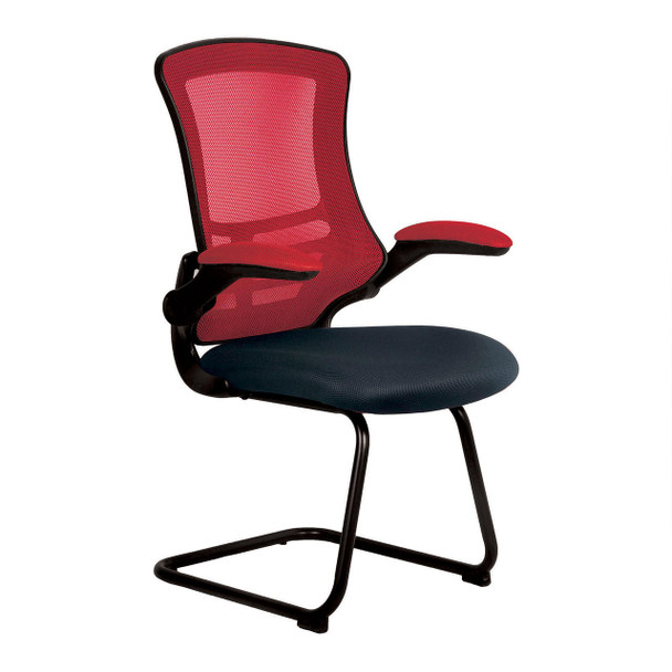 Luna Designer High Back Mesh Cantilever Visitor Chair with Folding Arms - Red and Black Chair with Black Shell and Frame 