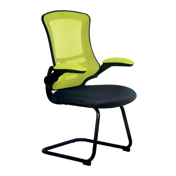 Luna Designer High Back Mesh Cantilever Visitor Chair with Folding Arms - Green and Black Chair with Black Shell and Frame NAU-BCM-T1302V-GN