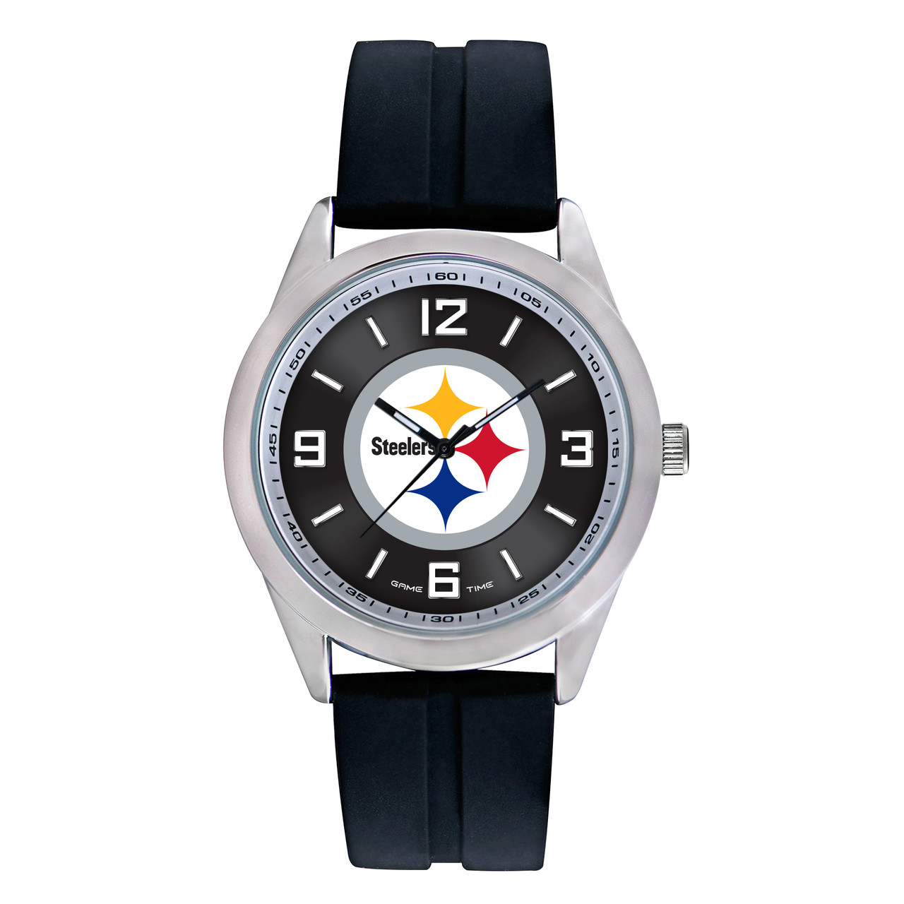 Gametime Pittsburgh Steelers Black Silicone Band fits Apple Watch (42/44mm  M/L). Watch not included.