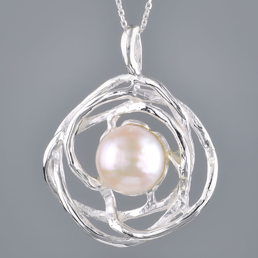Sterling Silver Freshwater Pearl Bird's Nest Necklace Close up Sterling Silver Freshwater Pearl Bird's Nest Necklace Close up