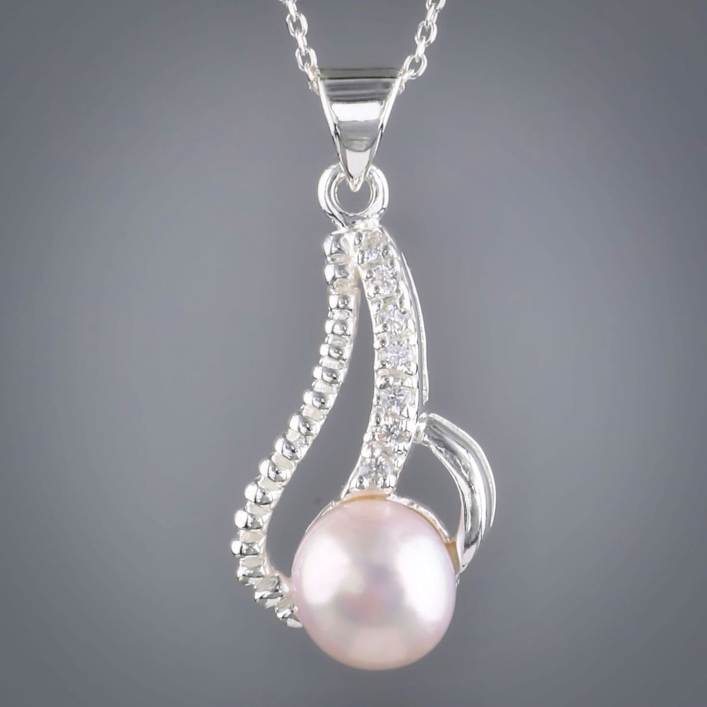 Sterling Silver Freshwater Pearl & Cubic Zircon Pear Necklace Close up