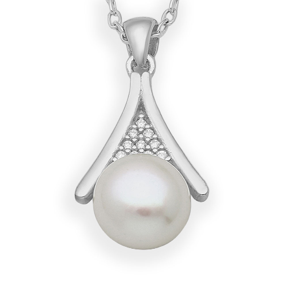 Sterling Silver Freshwater Pearl & Cubic Zircon Eiffel  Necklace  white background