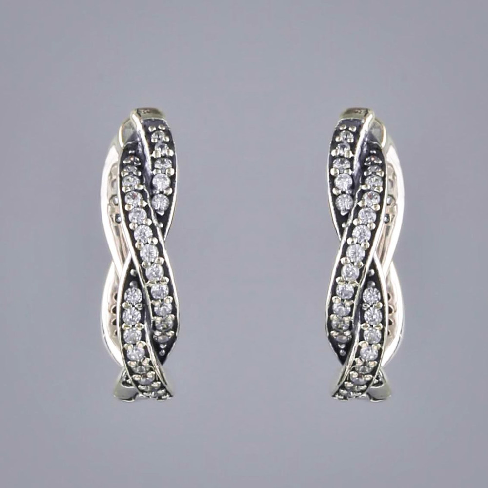 Sterling Silver Cubic Zircon Twisted Oxidized Hoop Earrings Close up