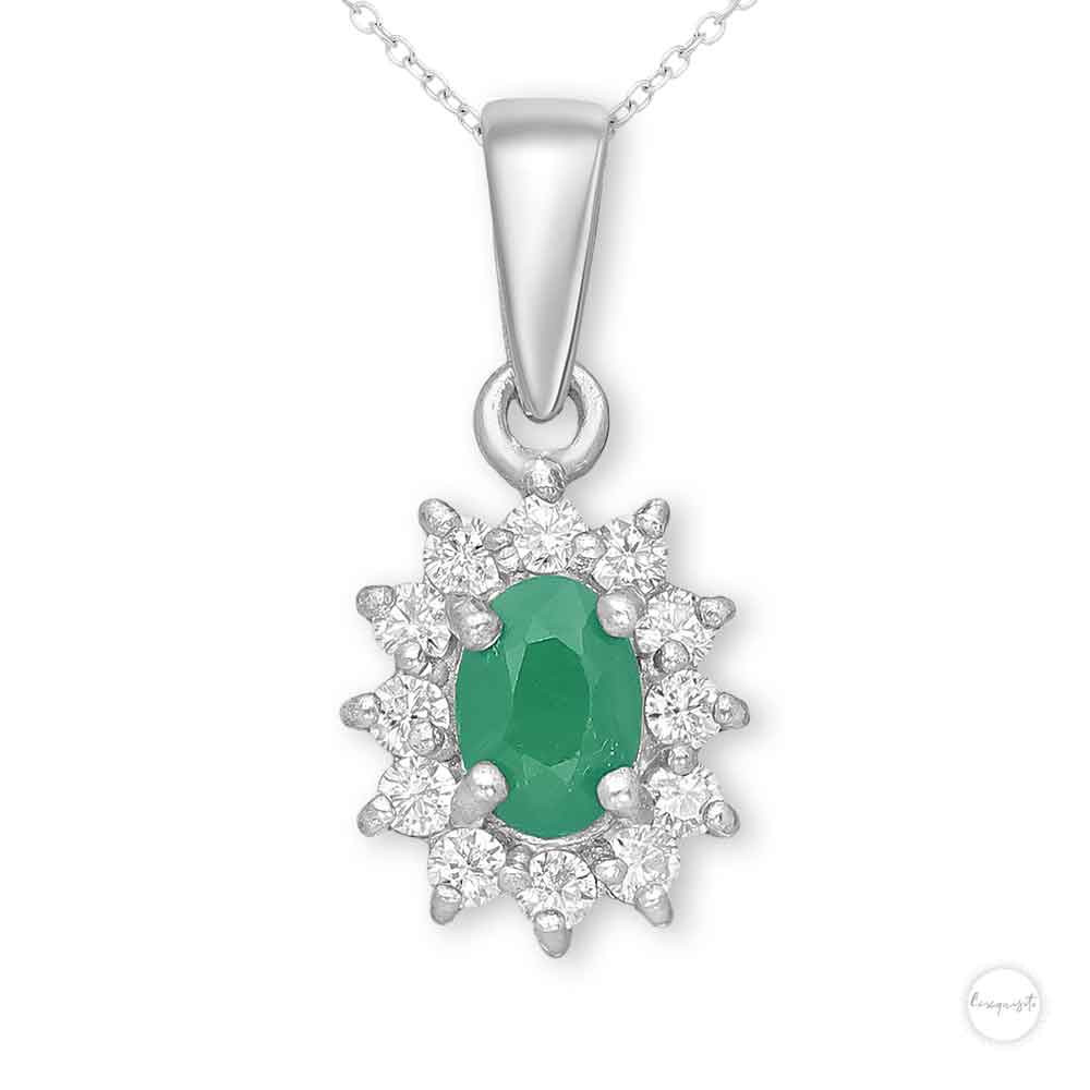 Sterling Silver Oval Emerald with Cubic Zircons Halo  Necklace Close up