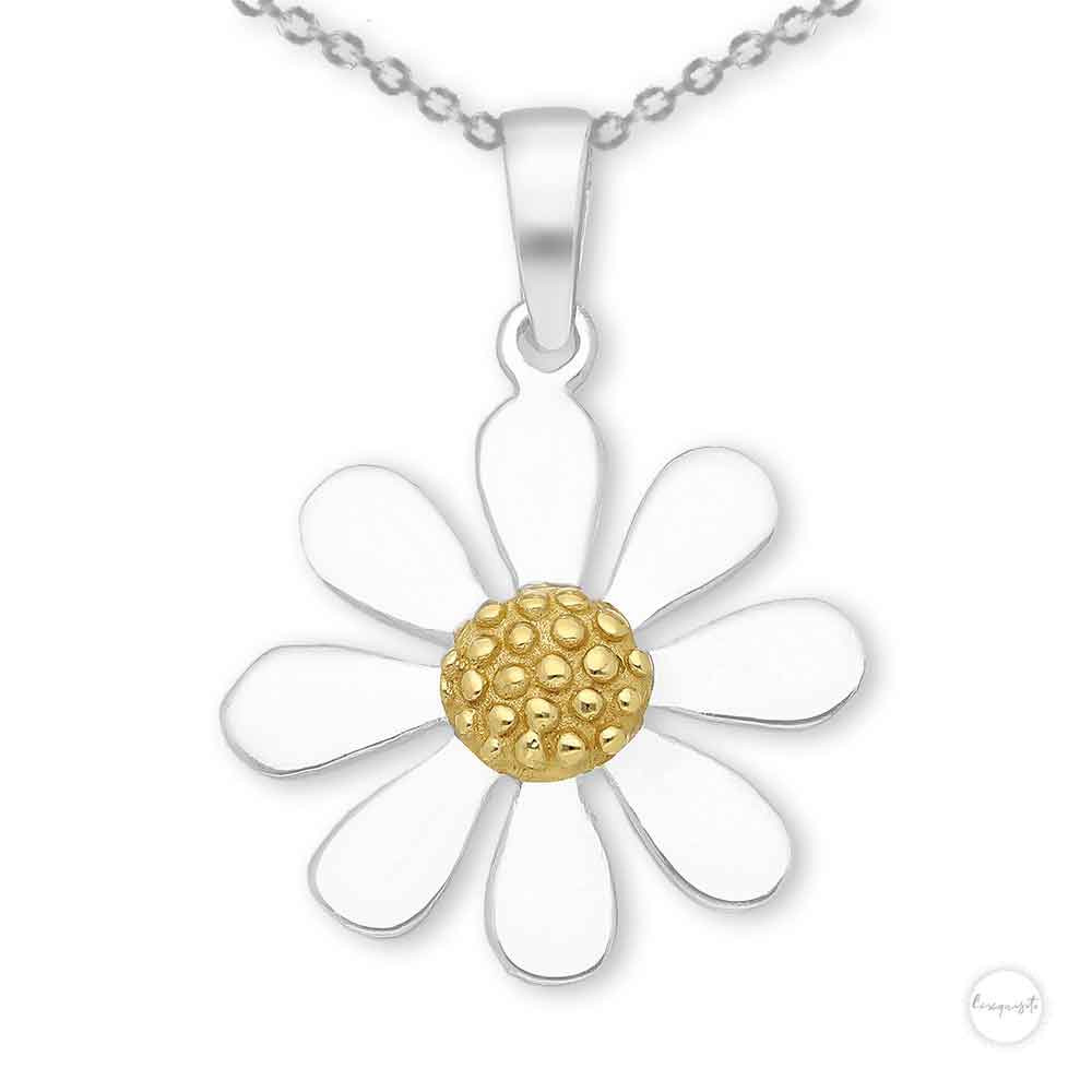 Sterling Silver 14K Gold Plated Daisy  Necklace Close Up Sterling Silver 14K Gold Plated Daisy  Necklace Close Up