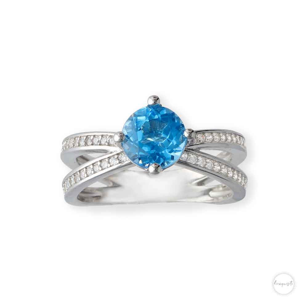 Swiss Blue Topaz and Cubic Zirconia Crossed Shank Ring in Sterling Silver Close up Front