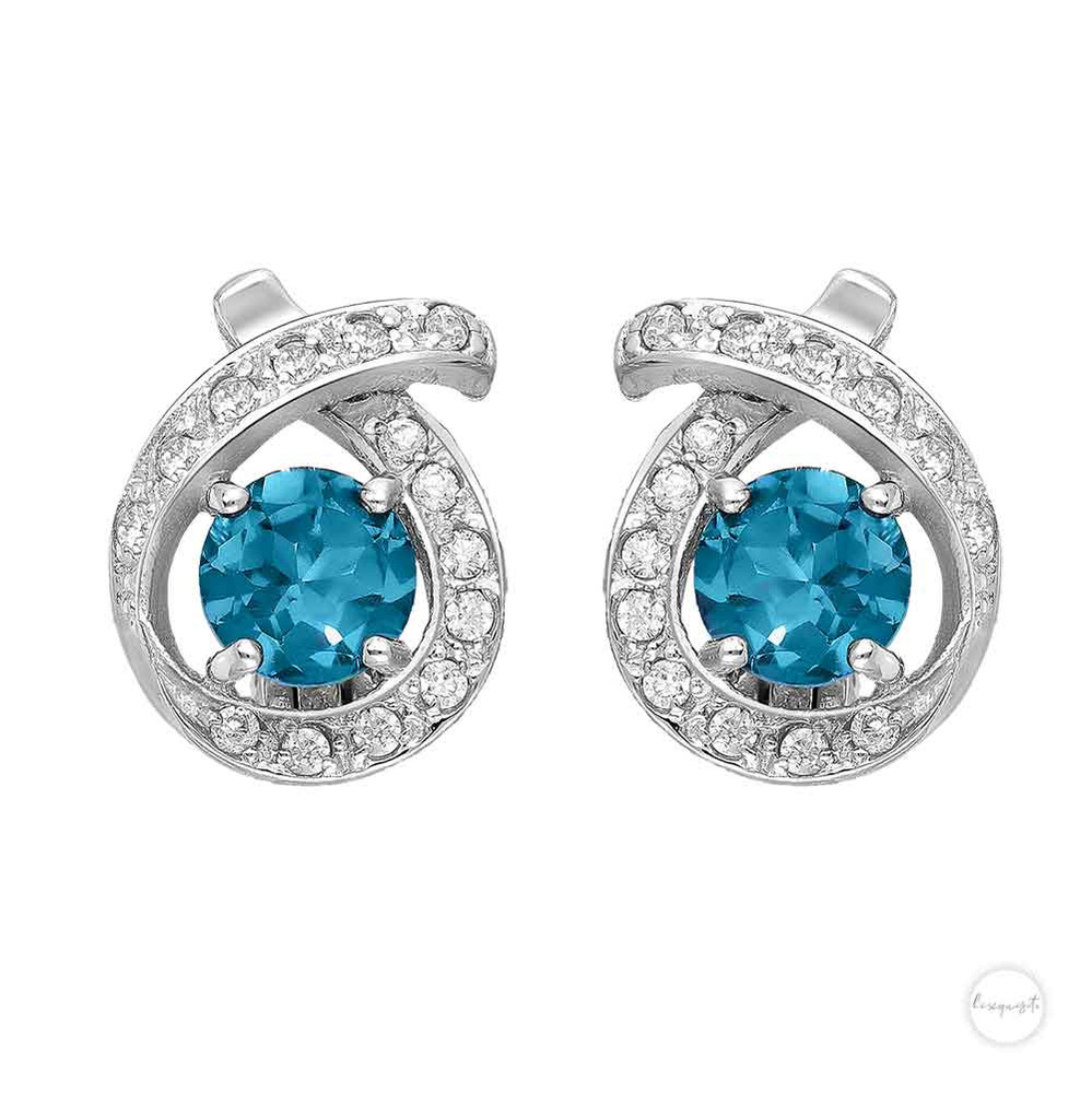 Swiss Blue Topaz and Cubic Zirconia Criss-Cross Halo Earrings in Sterling Silver Close up