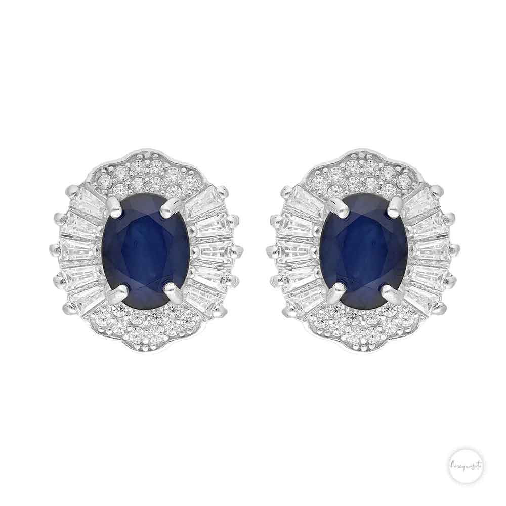 Radiant Blue Sapphire and Cubic Zirconia Halo Stud Earrings in Sterling Silver Close Up