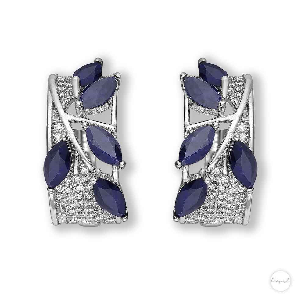 Blue Sapphire & Cubic Zircon Vine Hoop Earrings in Sterling Silver Close up