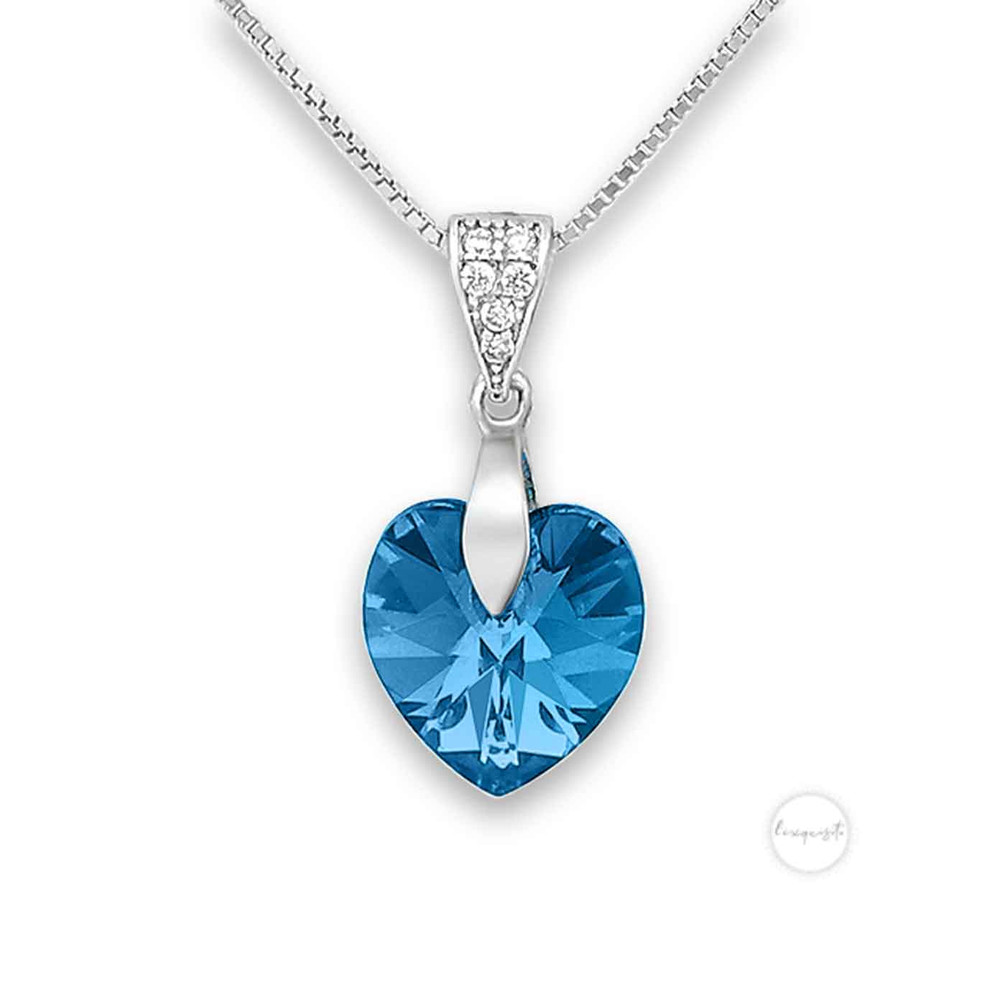 Ocean Blue Austrian Crystal Heart Necklace in Sterling Silver