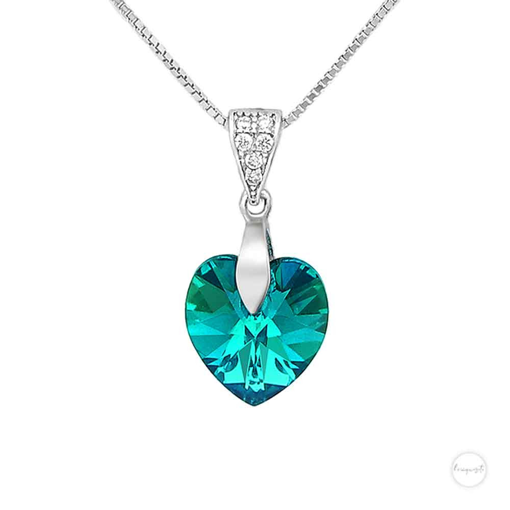 Peacock Blue Austrian Crystal Heart Pendant Necklace in Sterling Silver