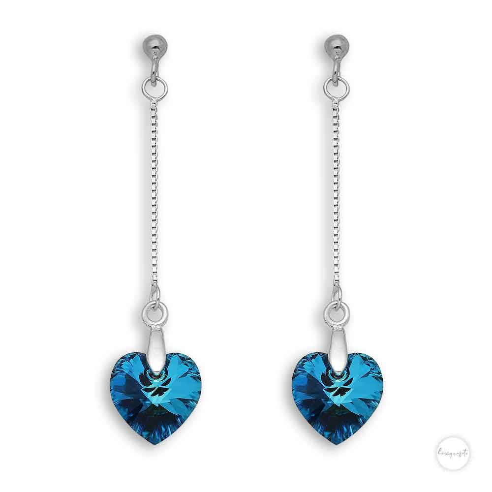 Ocean Blue Austrian Crystal Heart Drop Earrings in Sterling Silver