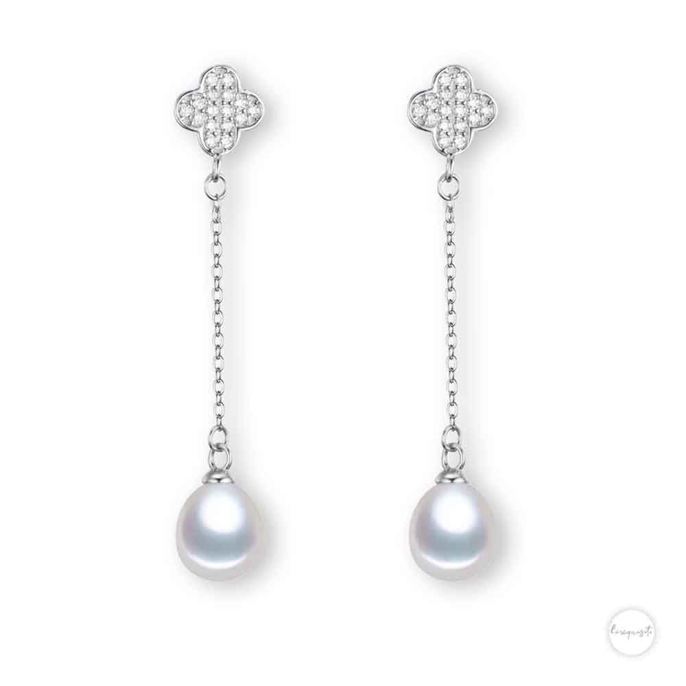 Sterling Silver Freshwater Pearl  Pearl & Cubic Zircon Drop Earrings