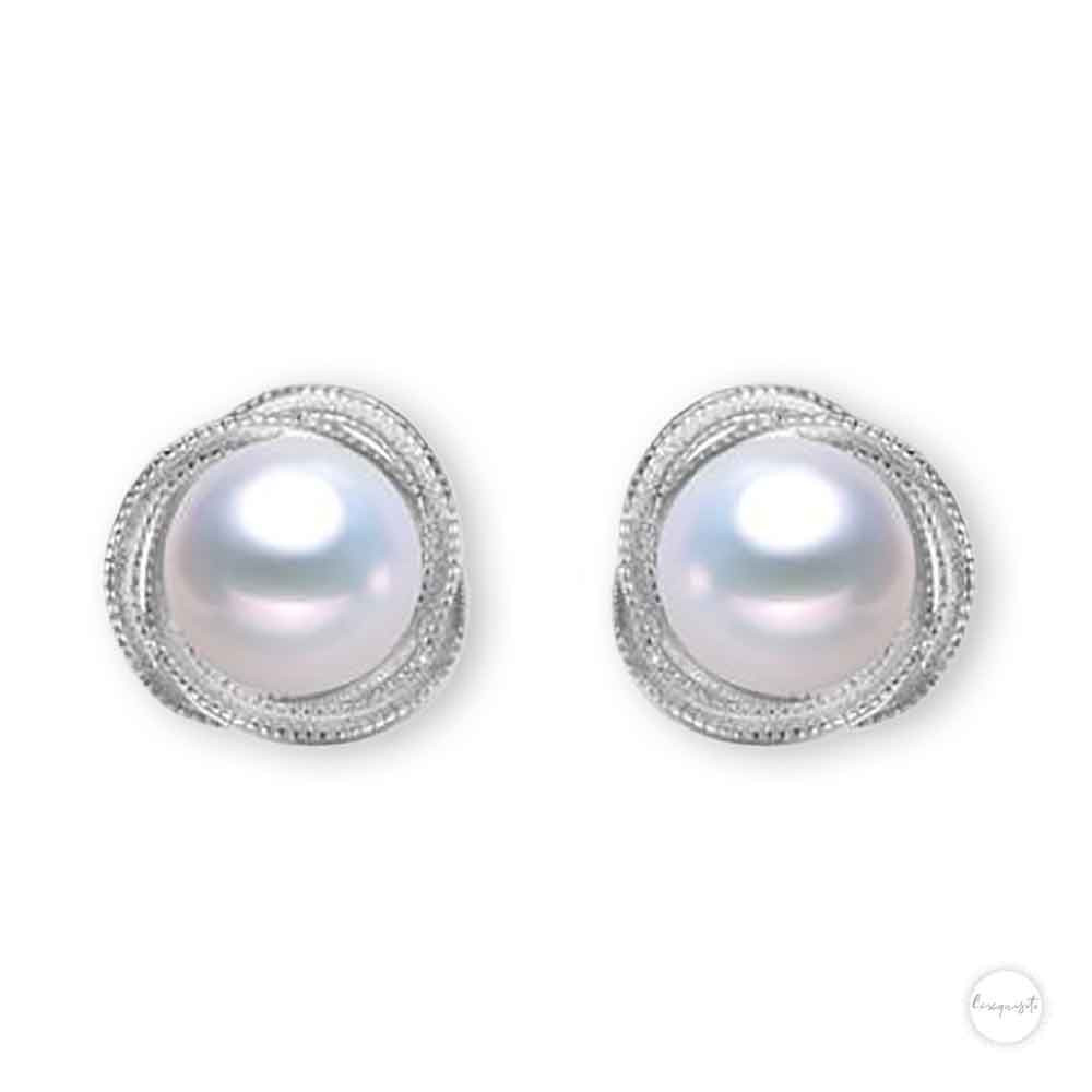 White Freshwater Pearl Trinity Halo Stud Earrings in Sterling Silver Close up
