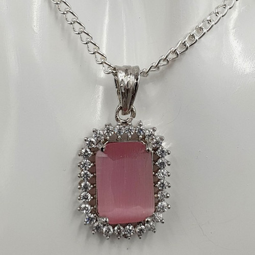 Radiant Pink Pendant Necklace in Silver finish On Mannequin Close up