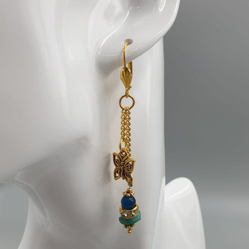 Butterfly Agate Drop Earrings In Gold Finish On Mannequin