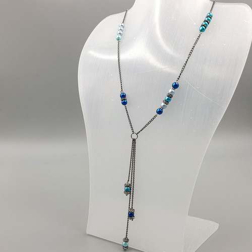 Blue Glass Pearls Tassel pendant Y necklace in Gunmetal finish On Mannequin