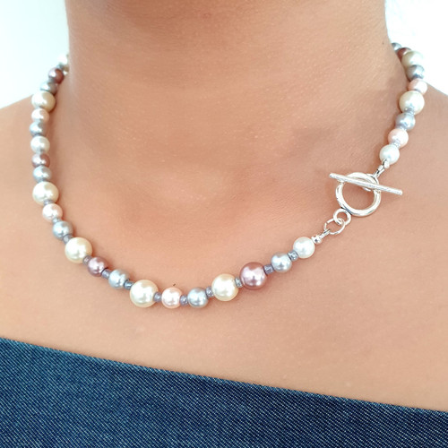 Glass Pearls Necklace in Silver Finish On Model side view