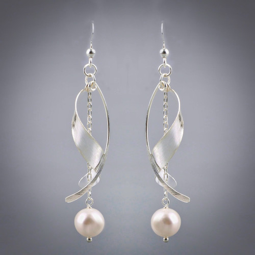 Sterling Silver Freshwater Pearl Swirl Drop Earrings Close up