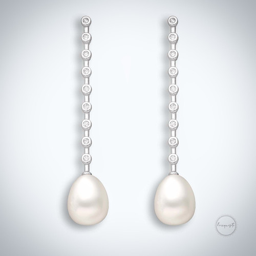 Sterling Silver Freshwater Pearl & Cubic Zircon Drop Earrings Close up