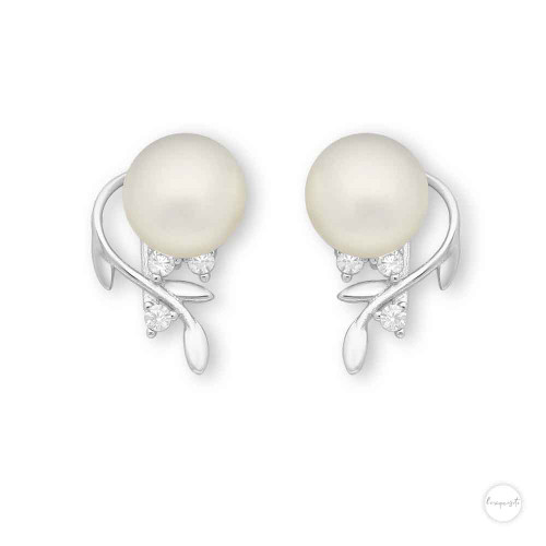 Sterling Silver Freshwater Pearl & Cubic Zircon Vine Stud Earrings