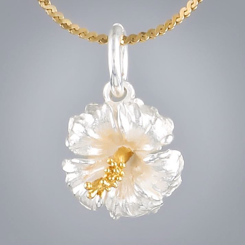 Sterling Silver Dual Tone 18K Gold Plated Hibiscus Pendant Close up