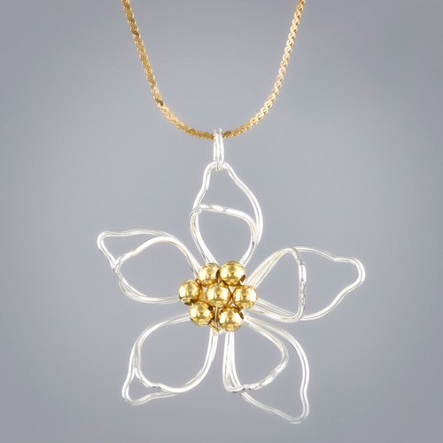 Sterling Silver Dual Tone 14K Gold Plated Filigree Flower Necklace Close up
