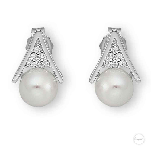 Sterling Silver Freshwater Pearl & Cubic Zircon Eiffel Stud Earrings Close up