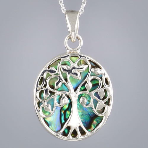 Sterling Silver Green Abalone Shell Tree Of Life Pendant Close up