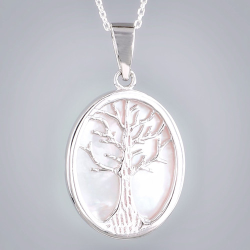 Sterling Silver Pink Shell Tree Of Life Pendant Close up