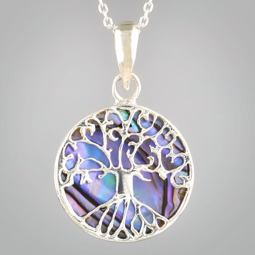 Sterling Silver Purple Abalone Shell Tree Of Life  Necklace Close up