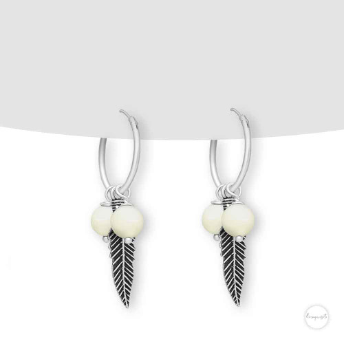 Oxidized Sterling Silver Angel Wing Feather Hoop Earrings with Shell Beads Close up