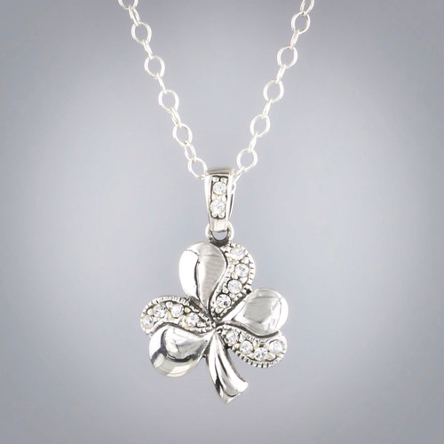 Sterling Silver with Cubic Zircon Celtic Shamrock Necklace Close up