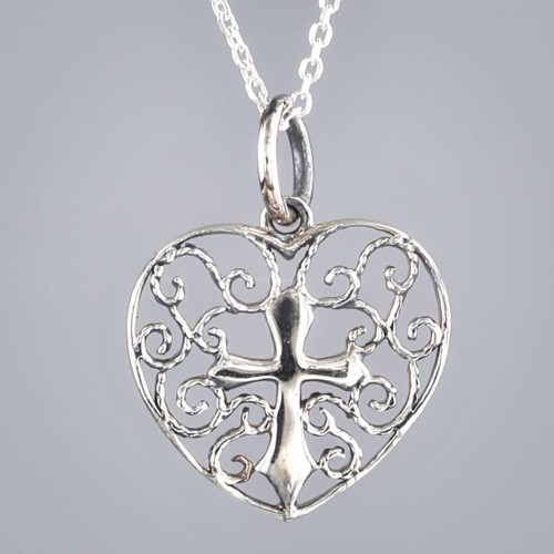 Sterling Silver Cross & Heart Filigree Pendant Close up