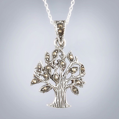 Sterling Silver Marcasite Tree of Life Pendant Close up