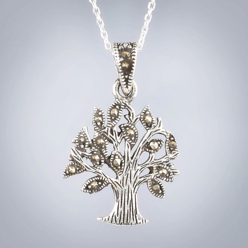 Sterling Silver Marcasite Tree of Life Necklace Close up