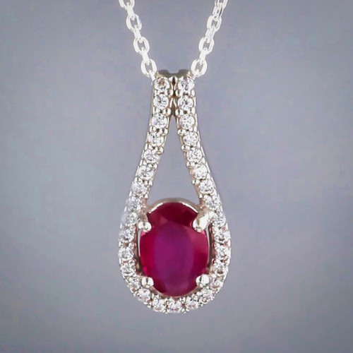 Sterling Silver Oval Ruby with Cubic Zircons Teardrop Halo Pendant Close up