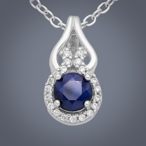 Sterling Silver Round Blue Sapphire with Cubic Zircons Halo Necklace Close up